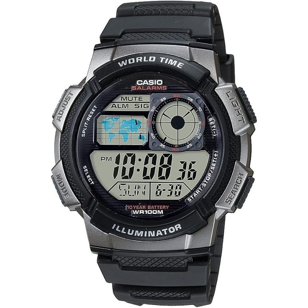Men's AE1000W-1BVCF Silver-Tone and Black Leather Digital Sport Watch